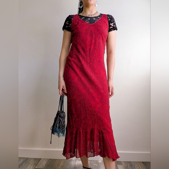Vintage Y2K Burgundy Nostalgic Floral Paisley Maxi Dress Goth Glam Charmed - Picture 1 of 11